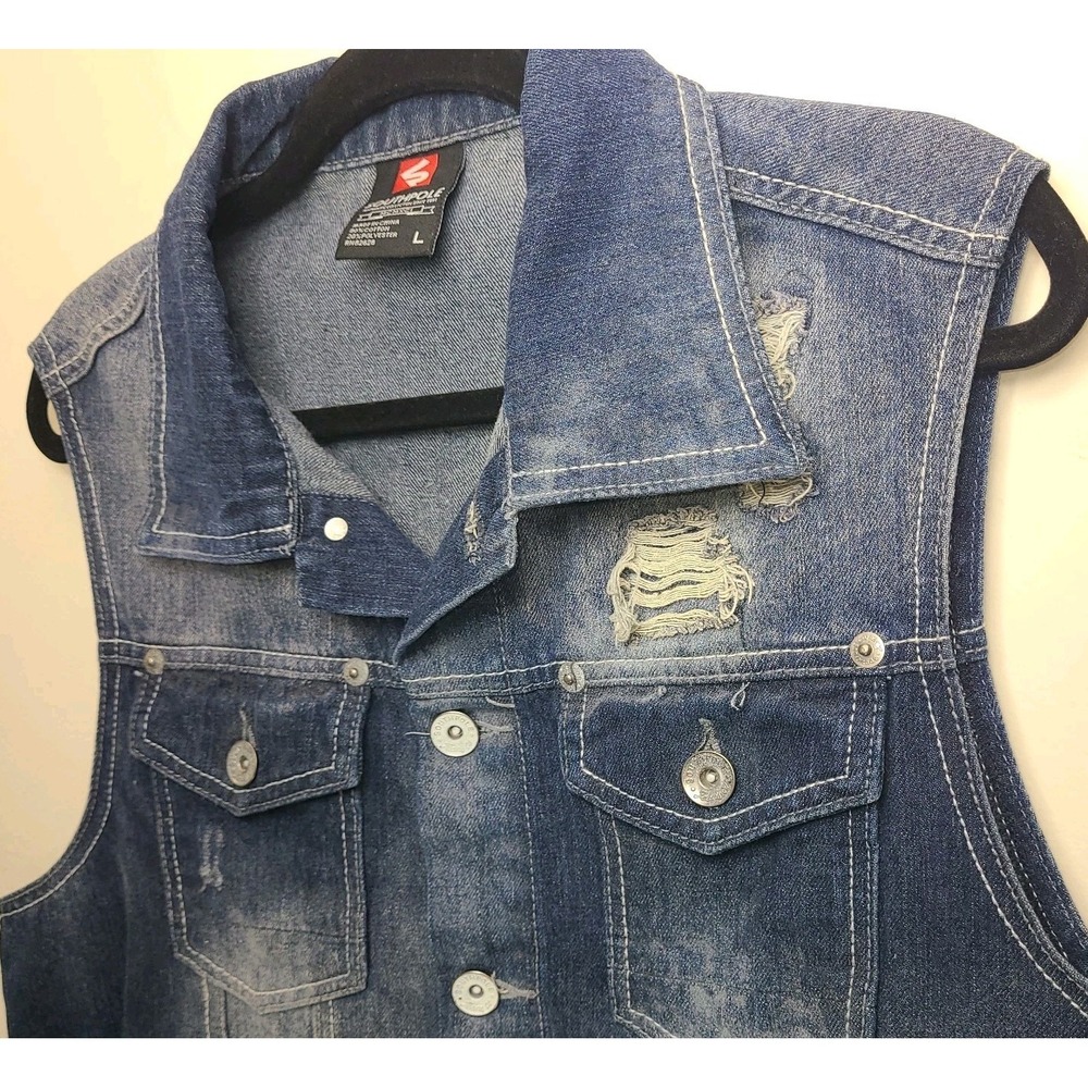 Southpole Denim Vest Mens Large Distressed Sleeveless Jean Jacket Graphic Back - Picture 3 of 4